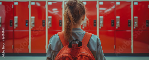 A student with their back turned, wearing a backpack, stands in a hallway with red school lockers, symbolizing education, youth, and the beginnings of a new school day.