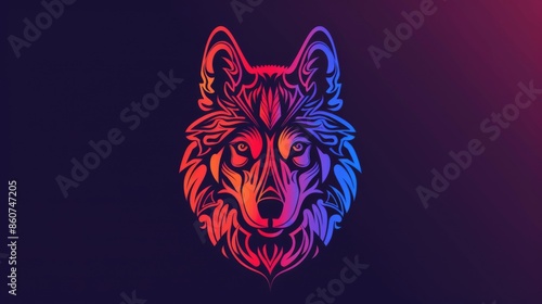 A vivid and dynamic illustration of a wolf, characterized by a striking multicolored palette and an intense gaze, set against a dark gradient background. photo