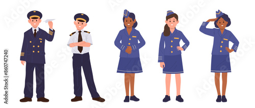 Happy smiling children cartoon characters airline cabin crew set isolated on white background