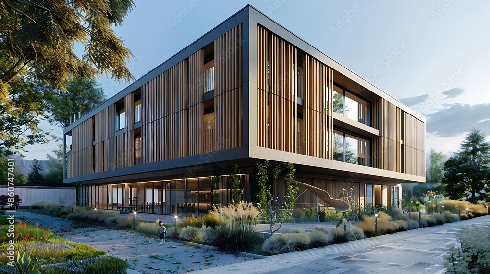 Fototapeta premium avant-garde residential building with a dynamic wooden facade, featuring adjustable panels for optimal energy efficiency