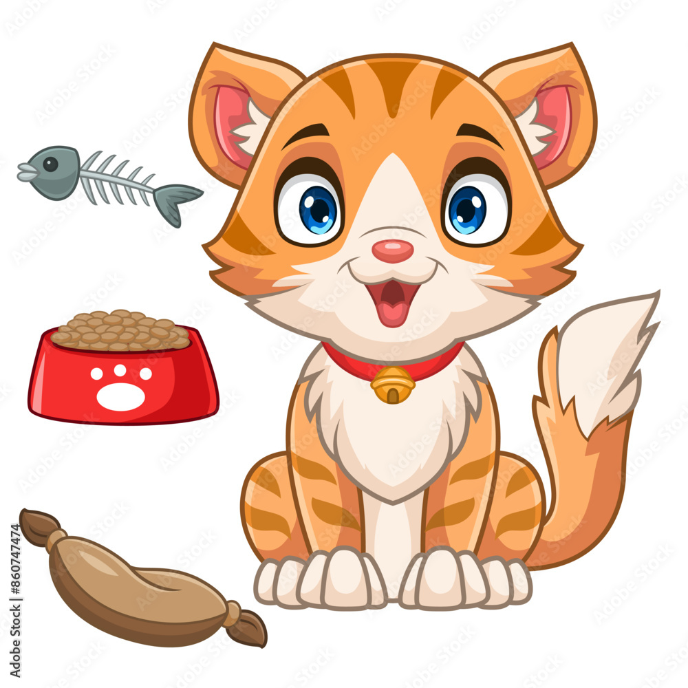 Fototapeta premium Cartoon funny orange cat sitting on white background