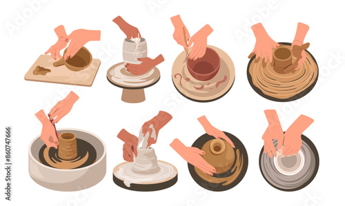 Set of male and female potter hands crafting crockery equipment and utensils at ceramics studio