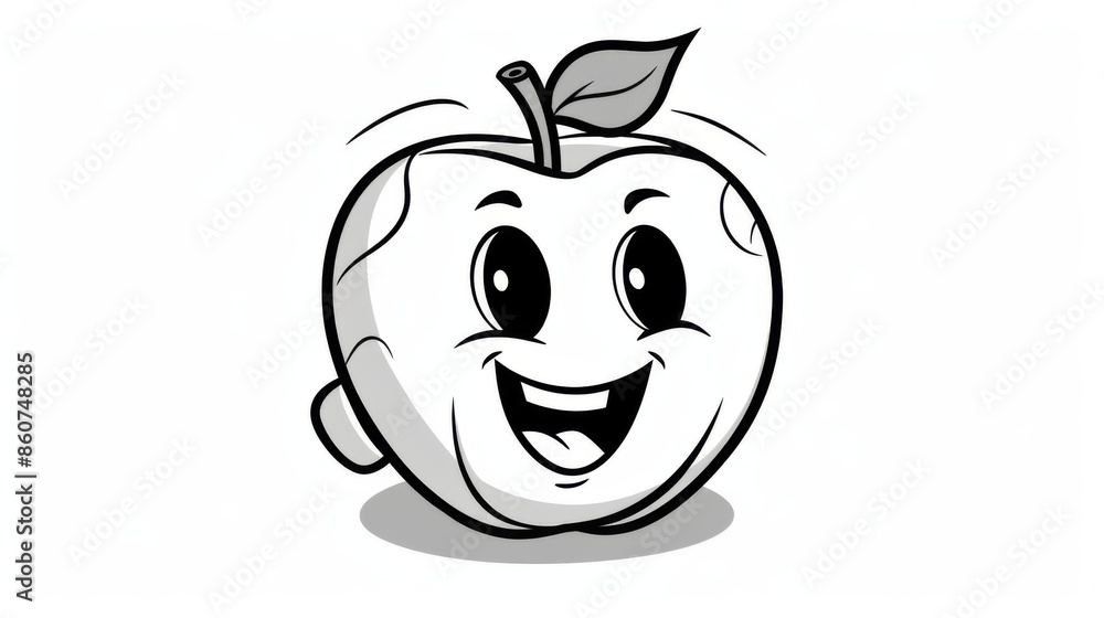A black and white cartoon apple with a joyful, wide smile and expressive, large eyes, conveying a sense of happiness and playfulness, perfect for children's content. A black and white cartoon apple with a joyful, wide smile and expressive, large eyes, conveying a sense of happiness and playfulness, perfect for children's content.
