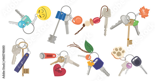 Keys with different magnetic keychains and fobs, handcraft trinket, cute bibelot and pendent set