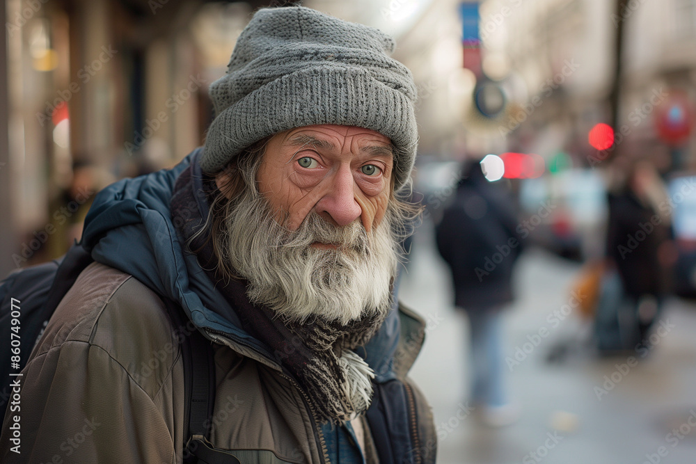 Old White Unhoused Homeless Man with Beard Outside on the Street in Winter Old White Unhoused Homeless Man with Beard Outside on the Street in Winter