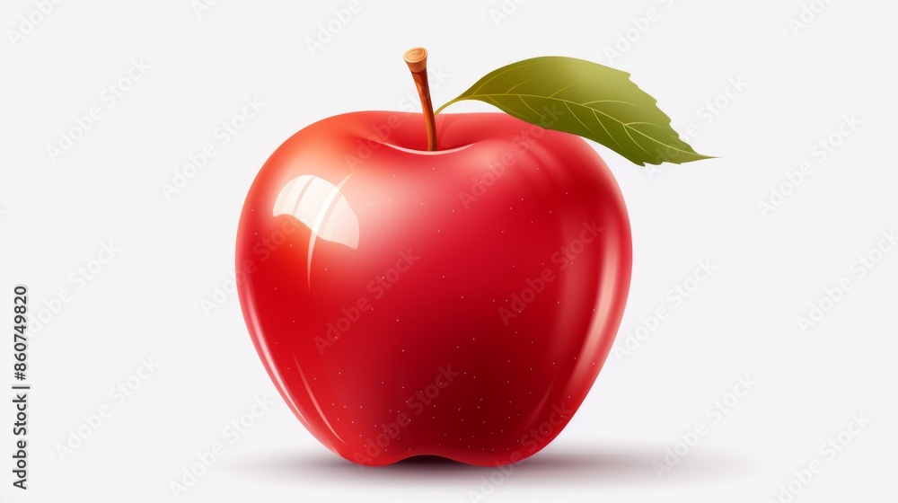 This image shows a crisp red apple with a green leaf and a stem, gleaming with a glossy finish. Ideal for themes related to health, fitness, and natural living.