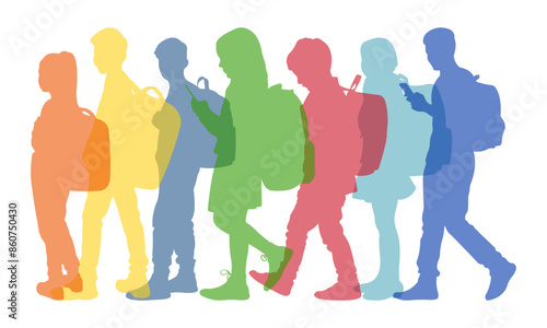 Silhouettes of schoolchildren.Set of silhouettes of boys and girls with school bags.Vector illustration.