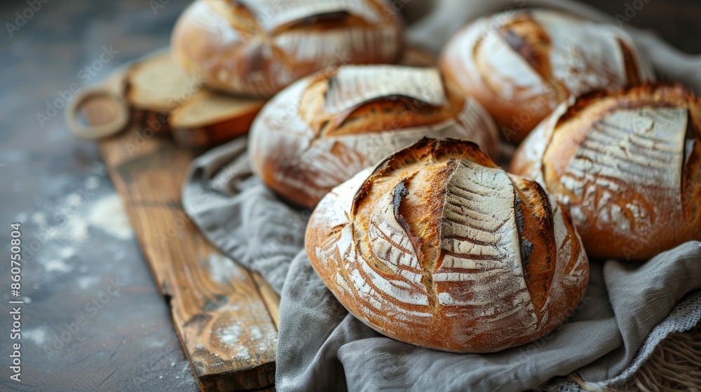 Freshly baked sourdough loaves on a table. These are artisanal breads made with natural yeast and slow fermentation Freshly baked sourdough loaves on a table. These are artisanal breads made with natural yeast and slow fermentation