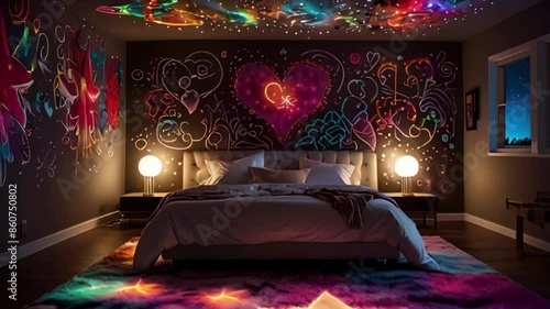 graffitti romantic bedroom cool night celiing with stars fluffy coloful rug led lights photo
