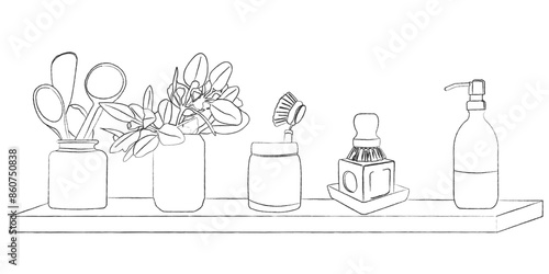 Ensemble cuisine zéro déchet savon brosse plante vecteur trait plante pot à ustensiles
