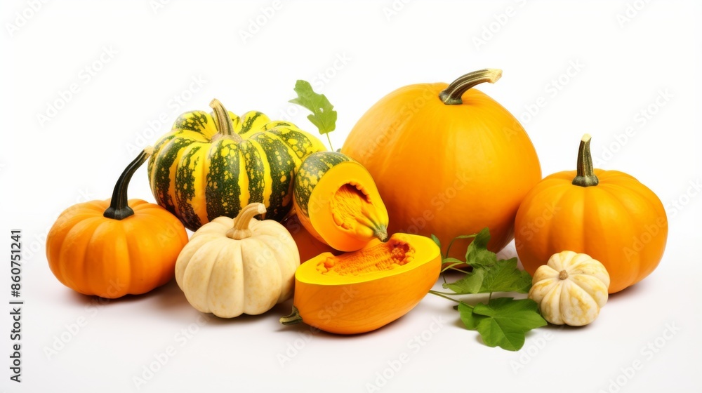 This image features a variety of pumpkins and gourds arranged on a white background, showcasing different shapes, colors, and textures. Perfect for autumn and Halloween themes. This image features a variety of pumpkins and gourds arranged on a white background, showcasing different shapes, colors, and textures. Perfect for autumn and Halloween themes.