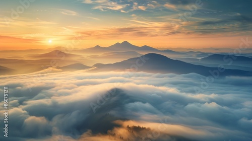 Majestic sunrise over clouds on mountains, golden sky, rolling hills, high def realistic photo photo