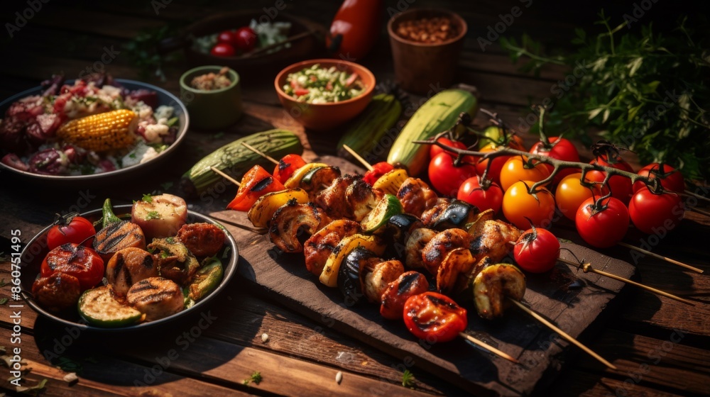 A set of chicken and vegetable skewers served on a rustic wooden board, complemented by bowls of fresh salads, creating a vibrant and appetizing spread perfect for outdoor dining.