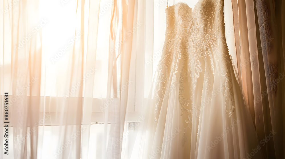 wedding dress hanging on luster at hotel room : Generative AI wedding dress hanging on luster at hotel room : Generative AI