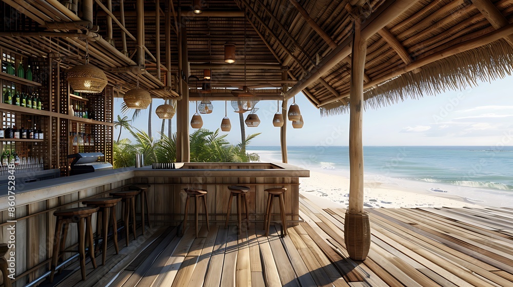 beachfront bar with a thatched wooden roof and open walls, designed to maximize views of the ocean while providing a relaxed, tropical atmosphere beachfront bar with a thatched wooden roof and open walls, designed to maximize views of the ocean while providing a relaxed, tropical atmosphere
