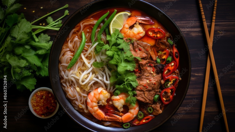 A mouth-watering bowl of noodle soup filled with shrimp, beef, and fresh herbs, presented on a dark wooden table with chopsticks and a small bowl of chili sauce. A mouth-watering bowl of noodle soup filled with shrimp, beef, and fresh herbs, presented on a dark wooden table with chopsticks and a small bowl of chili sauce.