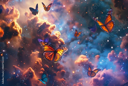 A surreal and imaginative scene of butterflies gracefully soaring through outer space. Their colorful wings shimmer with cosmic hues against a backdrop of stars and galaxies