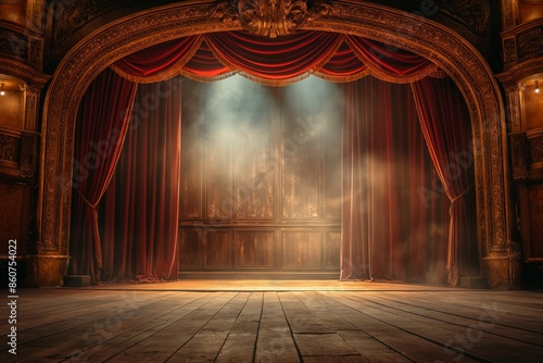 Luxuriant theater stage framed by red velvet curtains and a mystical atmosphere enhanced by lighting effects