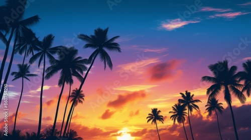A magical illustration of tall palm trees standing against a stunning sunset with a sky painted in vivid hues, evoking emotions of peace, inspiration, and wonder.