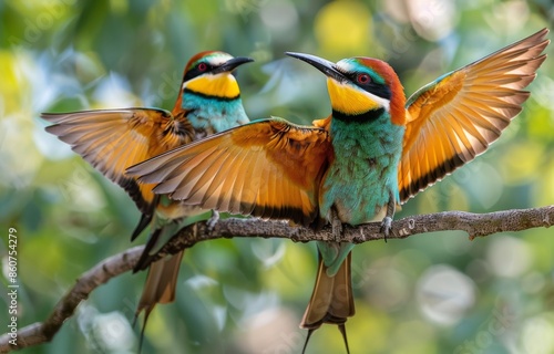 Two Colorful Bee-Eaters Perched on Branch in Green Forest