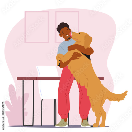 Sad Male Character Hugging a Dog In Indoor Setting. Cartoon Vector Scene Portrays Emotions Of Comfort And Companionship