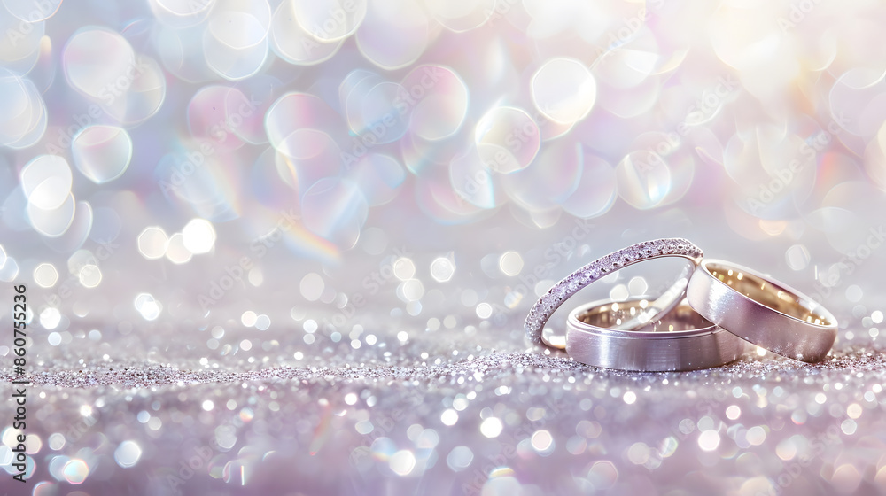 Designer wedding rings in the corner on a sparkling glitter background in panoramic banner format with copy space and selective focus : Generative AI Designer wedding rings in the corner on a sparkling glitter background in panoramic banner format with copy space and selective focus : Generative AI