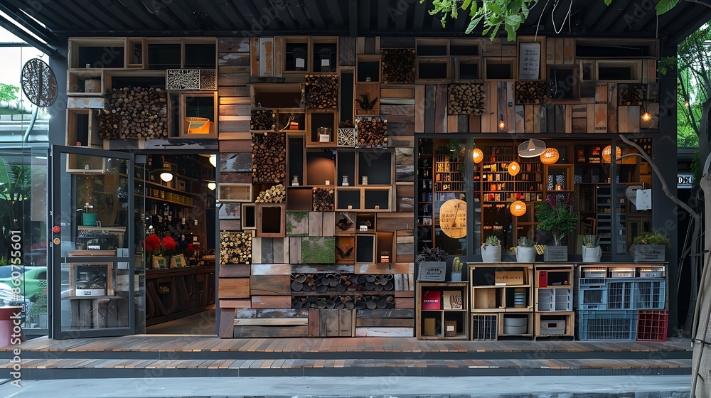 boutique shop with a creative wooden facade made from recycled wood pieces, showcasing an eco-friendly and artistic design boutique shop with a creative wooden facade made from recycled wood pieces, showcasing an eco-friendly and artistic design