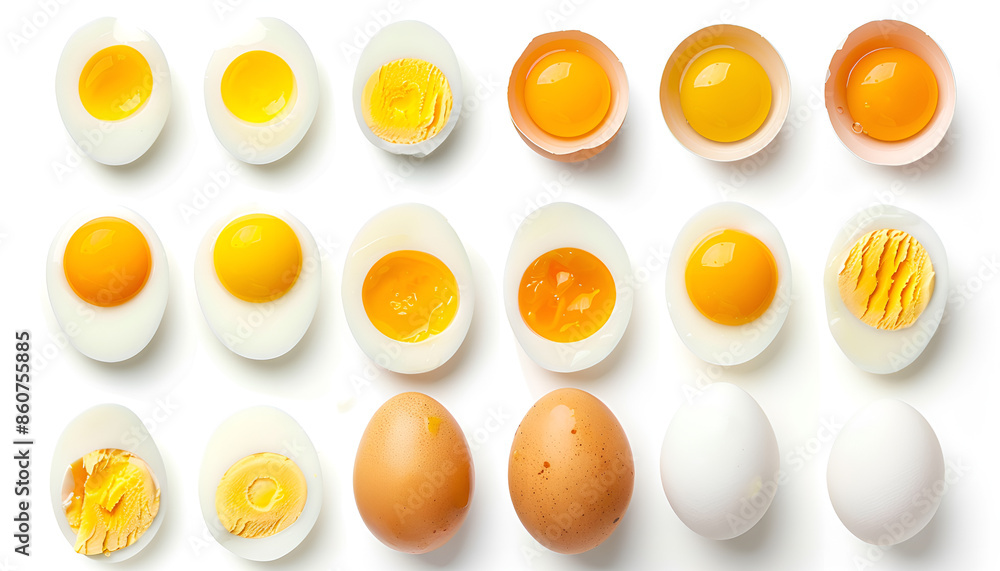 Set with many eggs and yolks on white background, top view Set with many eggs and yolks on white background, top view