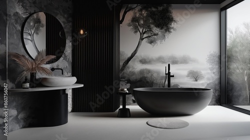 A luxurious, contemporary bathroom space with clean lines and a monochrome color scheme, contrasted by an artistic, kink-themed wallpaper that adds a bold and daring touch to the overall design photo