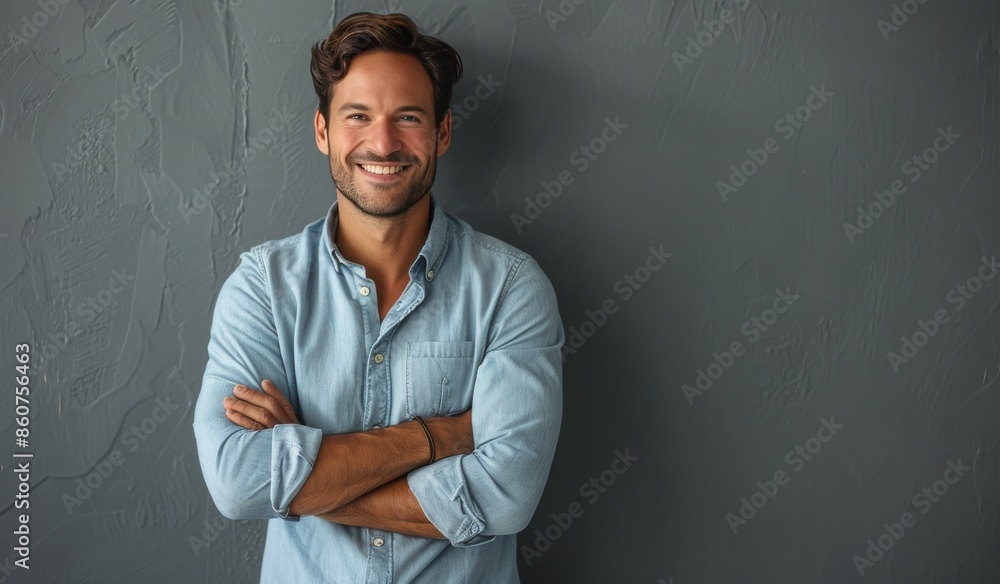 Obraz premium Confident Man Smiling With Arms Crossed in Front of Grey Wall
