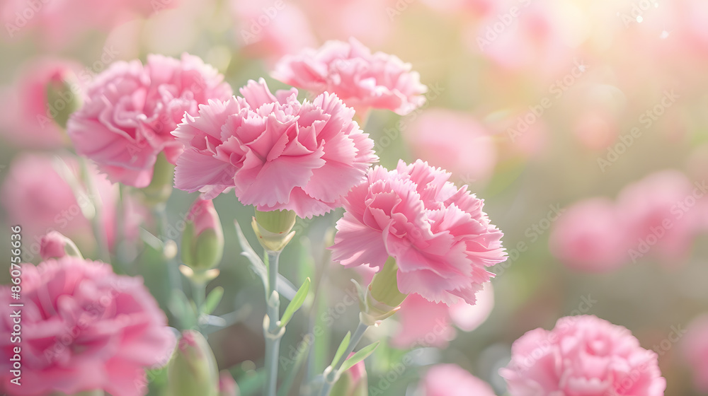 Close up view of lovely pink carnations blooming in the flower field on a beautiful spring day shallow focus and blurred background effectFor special occasions especially Mothers Day a : Generative AI Close up view of lovely pink carnations blooming in the flower field on a beautiful spring day shallow focus and blurred background effectFor special occasions especially Mothers Day a : Generative AI