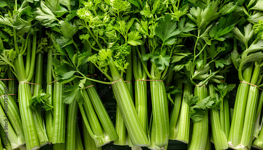 Obraz premium Many fresh green celery bunches as background, top view
