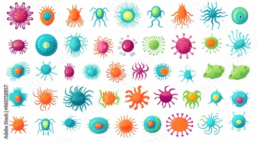 A collection of various brightly colored abstract images of microorganisms displayed in an array format. Each microorganism has a unique and artistic representation.