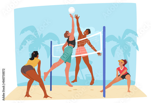 Group Of Friends Male And Female Characters Enjoying A Game Of Beach Volleyball On A Sunny Day, Cartoon Illustration