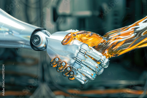 A robotic hand and a human-like hand made of liquid metal shaking hands
