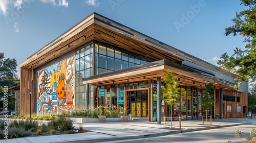 community center with a multifunctional wooden facade that hosts community murals and art installations, serving as a cultural gathering point