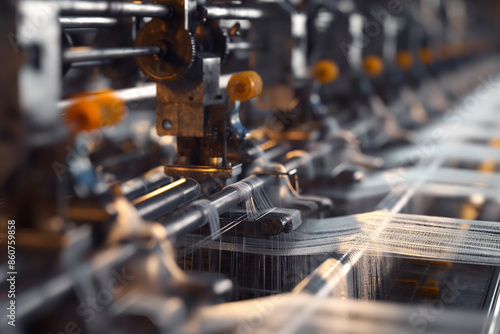 printing press in a factory,Ultra-realistic scene of a production line in the textile industry, showcasing a close-up of textile factory machines weaving fabric