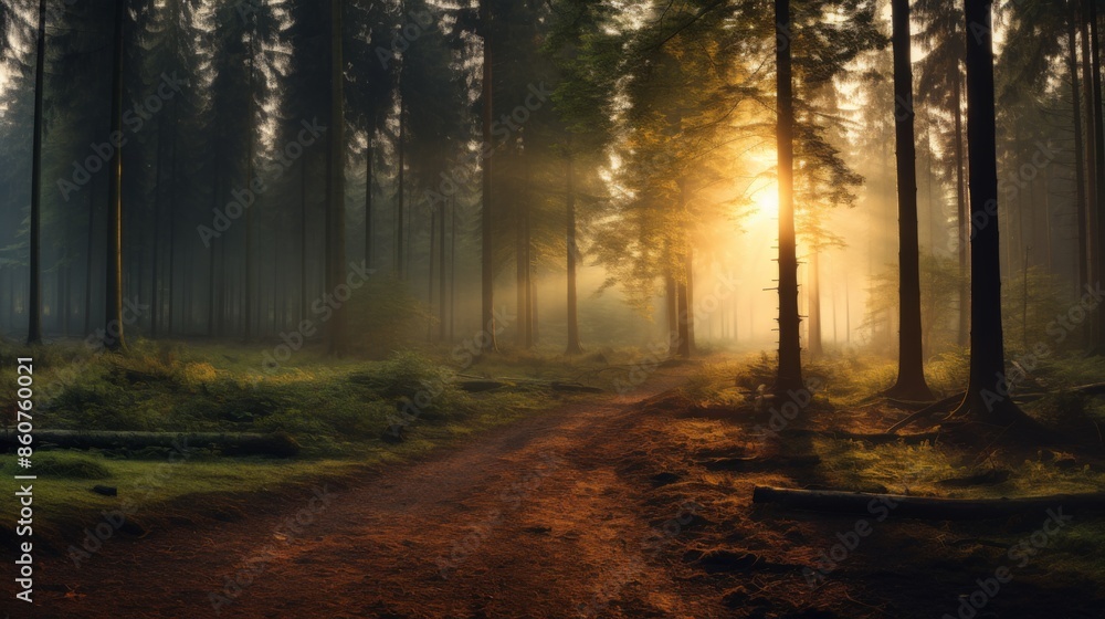 Naklejka premium The image depicts a tranquil forest path bathed in the golden light of a setting sun, highlighting the tall trees and lush greenery, creating a peaceful atmosphere.