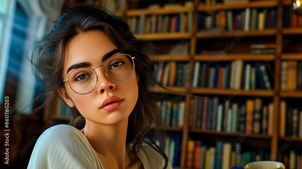 Very smart human being sitting on a desk, eyeglasses, friendly female face, in the background a huge library. Very smart human being sitting on a desk, eyeglasses, friendly female face, in the background a huge library.