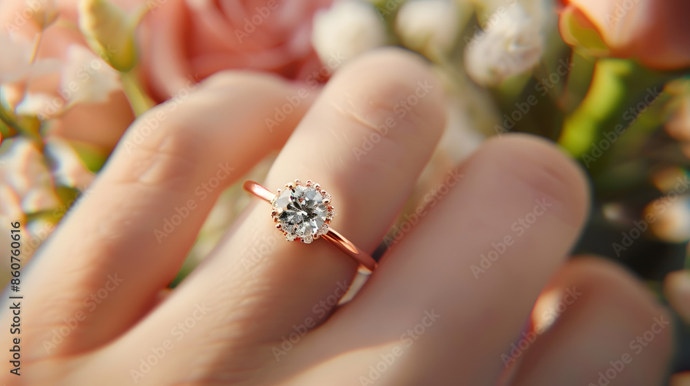 Close up of an elegant diamond ring on the womans finger with flower bouquet backgroundlove and wedding concept soft and selective focus : Generative AI Close up of an elegant diamond ring on the womans finger with flower bouquet backgroundlove and wedding concept soft and selective focus : Generative AI