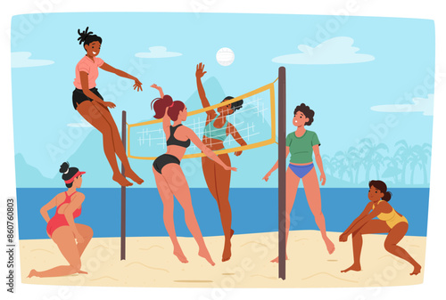 Joyful Female Friends Characters Group Playing Beach Volleyball On A Sunny Day. Vector Scene Captures Excitement