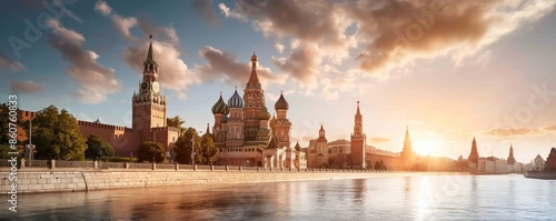 A panoramic view of Moscow's Kremlin and St. Basil's Cathedral by the river at dusk, showcasing the stunning architecture and historical significance of these iconic landmarks in the evening light.