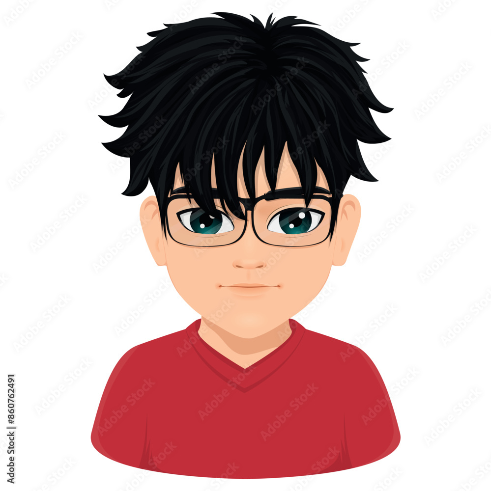 Portrait of young anime boy with straight black hair and glasses Portrait of young anime boy with straight black hair and glasses