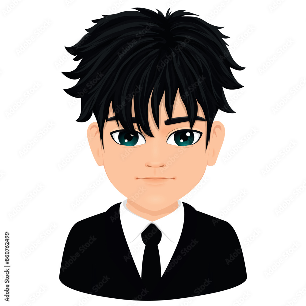 Portrait of young anime male student with straight black hair Portrait of young anime male student with straight black hair