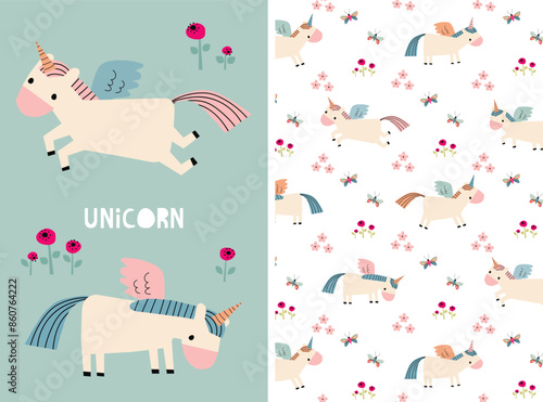 Set of cute posters. Two cute unicorns with wings and flowers. Pattern with unicorns in a flower meadow on a white background.