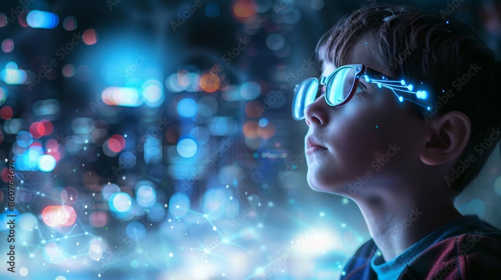 Young boy wearing futuristic glasses with a bokeh cityscape background, representing digital innovation and technology in a modern urban setting Young boy wearing futuristic glasses with a bokeh cityscape background, representing digital innovation and technology in a modern urban setting