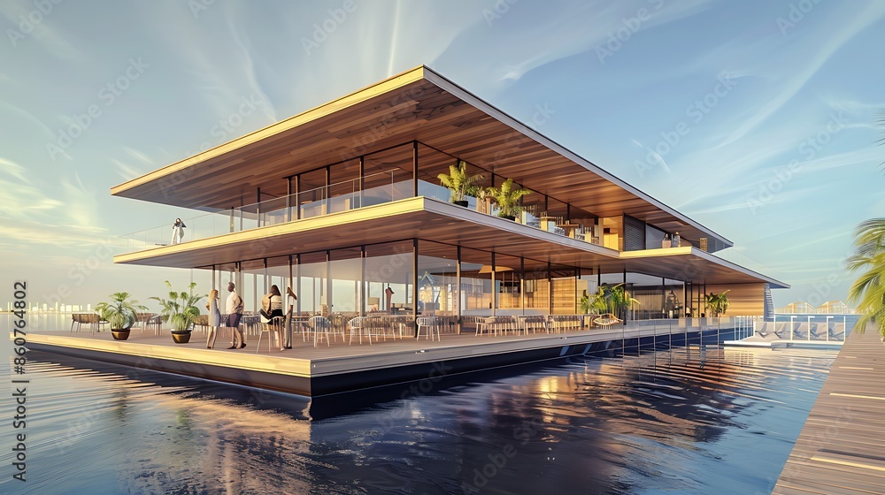 Fototapeta premium floating conference center with wooden cladding and expansive terraces, designed to encourage open-air meetings and natural inspiration
