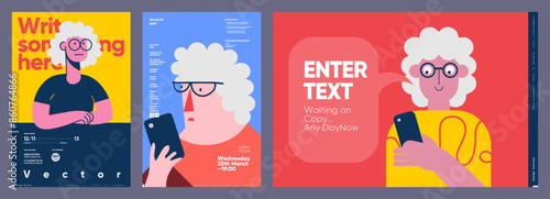A vibrant series of vector posters featuring a character design theme, integrating bold text and interactive elements, ideal for engaging modern audiences in various media formats.