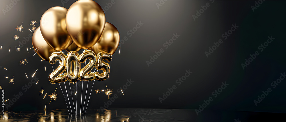 Greeting card with text NEW YEAR 2025 with golden balloons. Greeting card with text NEW YEAR 2025 with golden balloons.