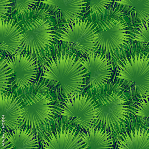 Tropical plants repeat background. Amazon rainforest vector illustration. Summer fresh seamless pattern. Exotic tropic palm leaves template wallpaper. Hawaii green foliage backdrop. Bright colors.